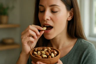 Žena si užíva brazílske orechy zo servírovacej misy.