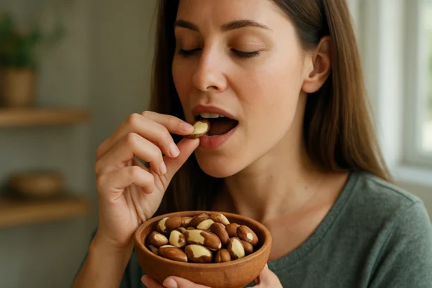 Žena si užíva brazílske orechy zo servírovacej misy.
