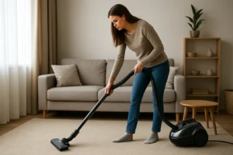 Žena upratuje s vysávačom v obývacej izbe