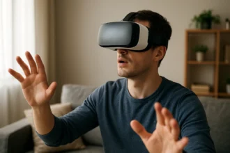 Muž s VR okuliarmi, zažívajúci virtuálnu realitu v obývacej izbe.