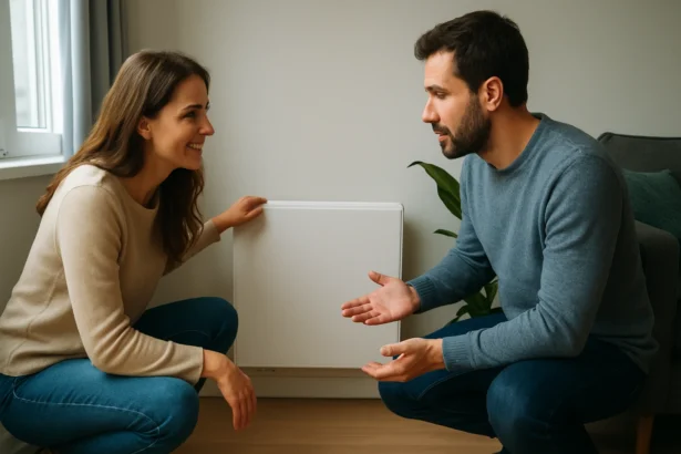 Diskusia dvoch ľudí pri gravitačnom vykurovaní v interiéri.