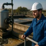Muž v ochrannom oblečení kontroluje odlučovač oleja na čističke odpadových vôd.