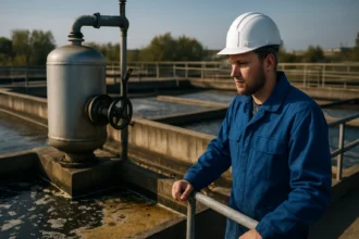 Muž v ochrannom oblečení kontroluje odlučovač oleja na čističke odpadových vôd.