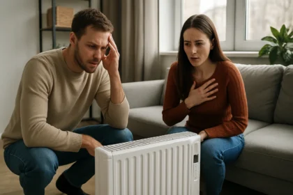 Dvojica osôb pri elektrickom vykurovaní s obavami o náklady a efektivitu.