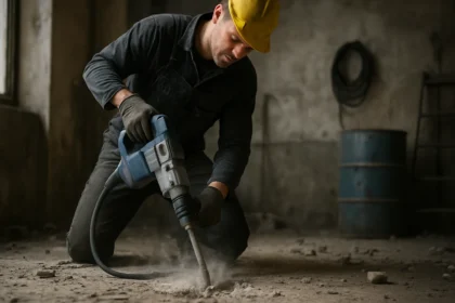 Pracovník používa pneumatické vŕtacie kladivo na rozbíjanie betónu.