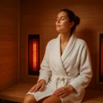 Žena relaxuje v infrasáune, cíti úľavu a pohodu.