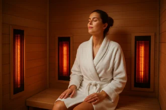 Žena relaxuje v infrasáune, cíti úľavu a pohodu.
