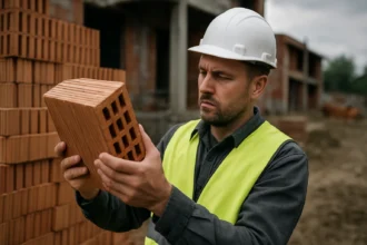 Staviteľ skúma silikátové tehly na stavenisku pred kúpou.