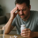 Muž trpiaci bolesťou hlavy a drží fľašu s liekmi pri stole.