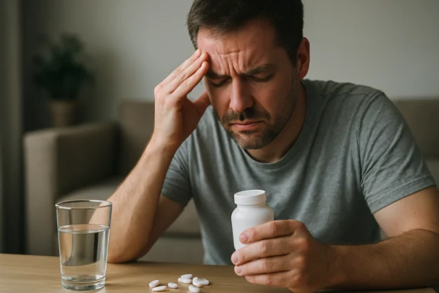 Muž trpiaci bolesťou hlavy a drží fľašu s liekmi pri stole.