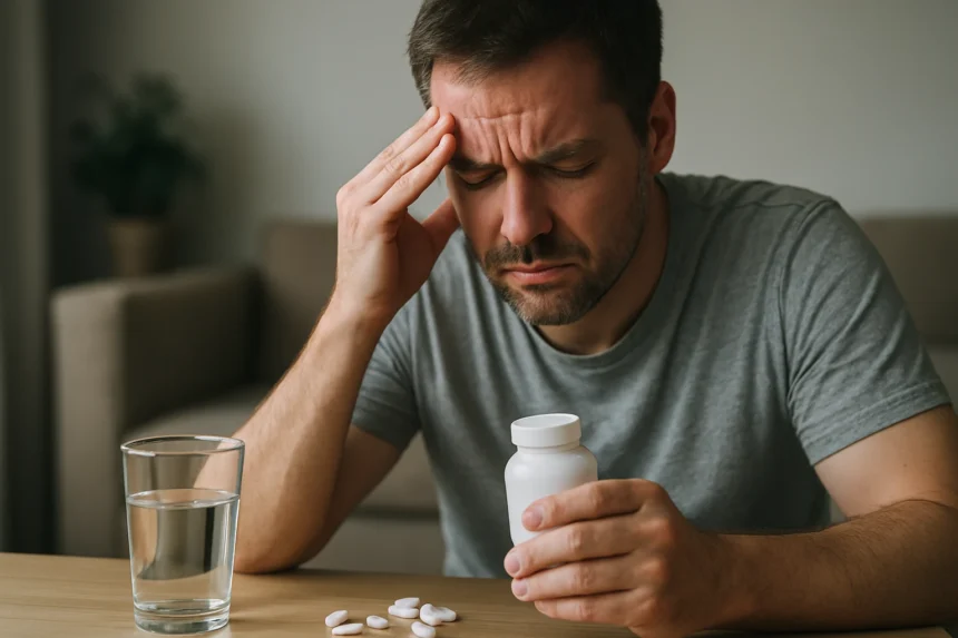 Muž trpiaci bolesťou hlavy a drží fľašu s liekmi pri stole.