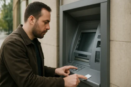 Muž používa bankomat na bezpečné vyberanie hotovosti.