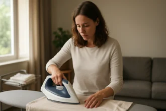 Žena žehlí s bezdrôtovou žehličkou na žehliacej doske