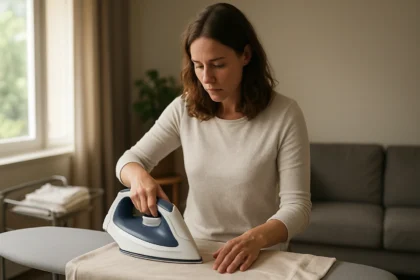Žena žehlí s bezdrôtovou žehličkou na žehliacej doske