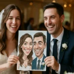 Šťastný pár so svadobnou karikatúrou v ruke