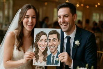 Šťastný pár so svadobnou karikatúrou v ruke