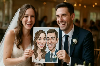 Šťastný pár so svadobnou karikatúrou v ruke