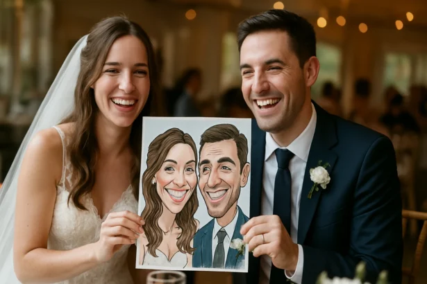 Šťastný pár so svadobnou karikatúrou v ruke