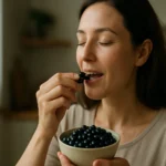 Žena si vychutnáva čierne ríbezle z misky