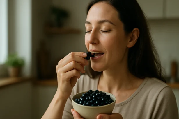 Žena si vychutnáva čierne ríbezle z misky