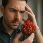 Muž skúma vanadinit, energický minerál s liečivými vlastnosťami.