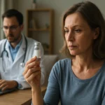 Žena skúma liek v injekčnej flaštičke s lekárom v pozadí.