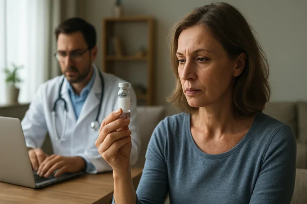 Žena skúma liek v injekčnej flaštičke s lekárom v pozadí.
