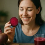 Žena sa usmieva a drží krájanu červenú repu, vedľa pohára šťavy.