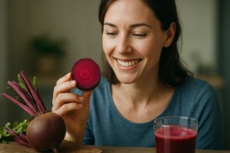 Žena sa usmieva a drží krájanu červenú repu, vedľa pohára šťavy.
