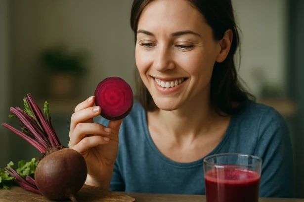 Žena sa usmieva a drží krájanu červenú repu, vedľa pohára šťavy.