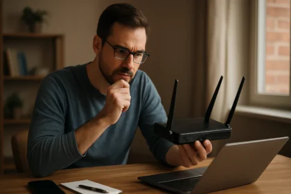 Muž s routerom sedi pri počítači a premýšľa o nastaveniach siete.