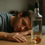 Muž ležiaci na stole vedľa fľaše alkoholu, symbolizujúci účinky pálenky.