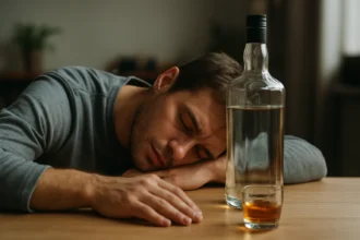 Muž ležiaci na stole vedľa fľaše alkoholu, symbolizujúci účinky pálenky.