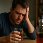 Muž s pohárom alkoholu a bolesťou v hlave po ťažkom pití.