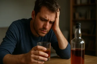 Muž s pohárom alkoholu a bolesťou v hlave po ťažkom pití.