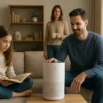 Rodina užíva kvalitný vzduch s čističkou Air Wolf v obývacej izbe.