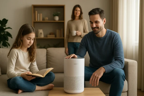 Rodina užíva kvalitný vzduch s čističkou Air Wolf v obývacej izbe.