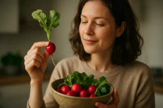 Žena s reďkovkou v ruke a miskou plnou čerstvých reďkoviek.
