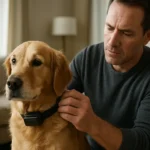 Majiteľ nasadzuje elektrický obojok na psa na zlepšenie správania.