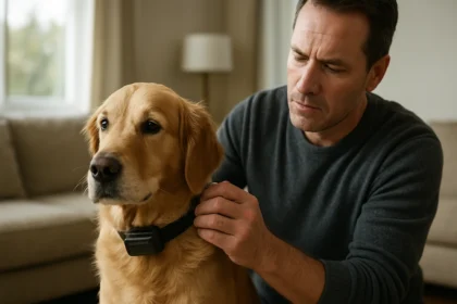 Majiteľ nasadzuje elektrický obojok na psa na zlepšenie správania.