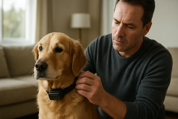 Majiteľ nasadzuje elektrický obojok na psa na zlepšenie správania.