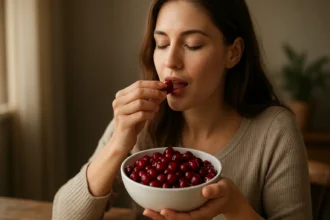 Žena si vychutnáva brusnice z misy v príjemnom prostredí