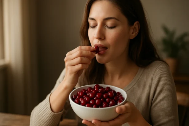 Žena si vychutnáva brusnice z misy v príjemnom prostredí