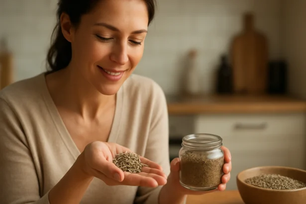 Žena skúma rímsku rascu v kuchyni, objavuje jej zdravotné výhody.