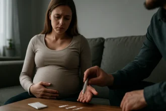 Tehotná žena s obavami sediaca pri mužovi s kokainom na stole.
