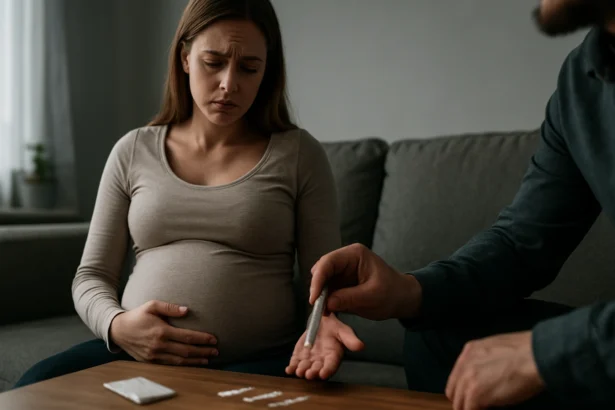 Tehotná žena s obavami sediaca pri mužovi s kokainom na stole.