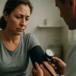 Žena prežíva obavy pri meraní krvného tlaku u lekára.