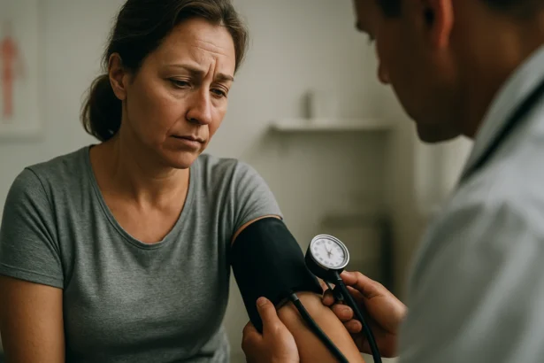 Žena prežíva obavy pri meraní krvného tlaku u lekára.