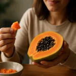 Žena drží papáju a kúsok dužiny, vychutnáva zdravú pochúťku.