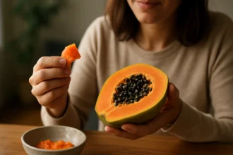 Žena drží papáju a kúsok dužiny, vychutnáva zdravú pochúťku.